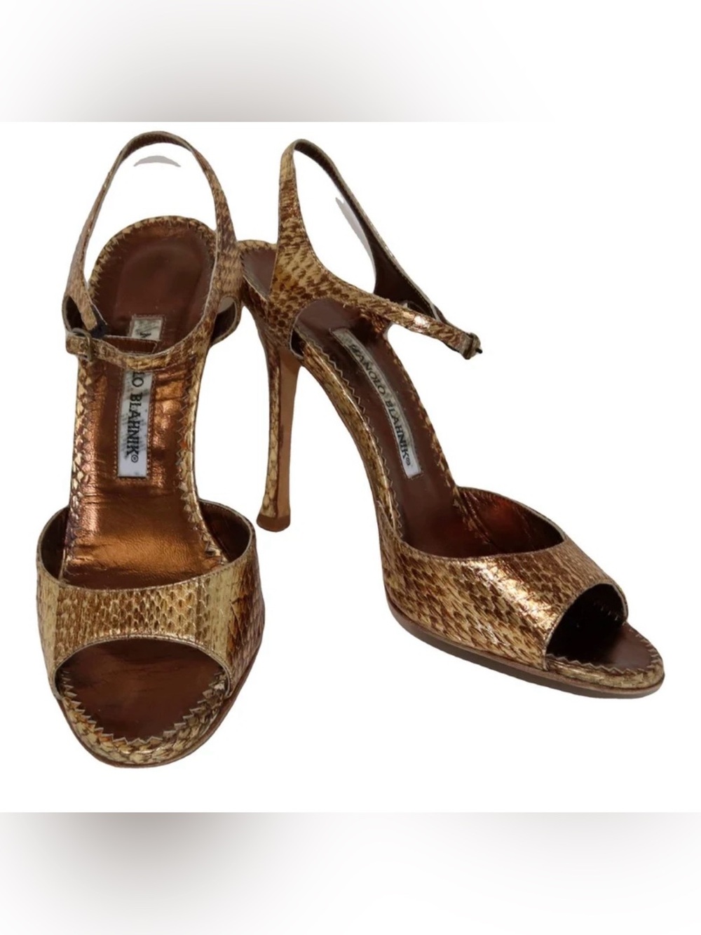 Manolo Blahnik Metallic Gold Snakeskin Peep-Toe Slingback Heels